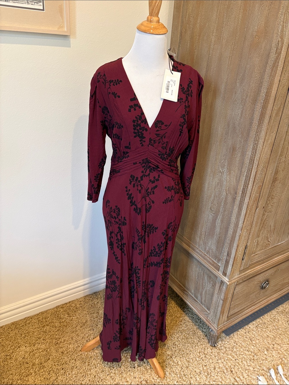 ba&sh Burgundy Maxi Dress with Black Floral Print